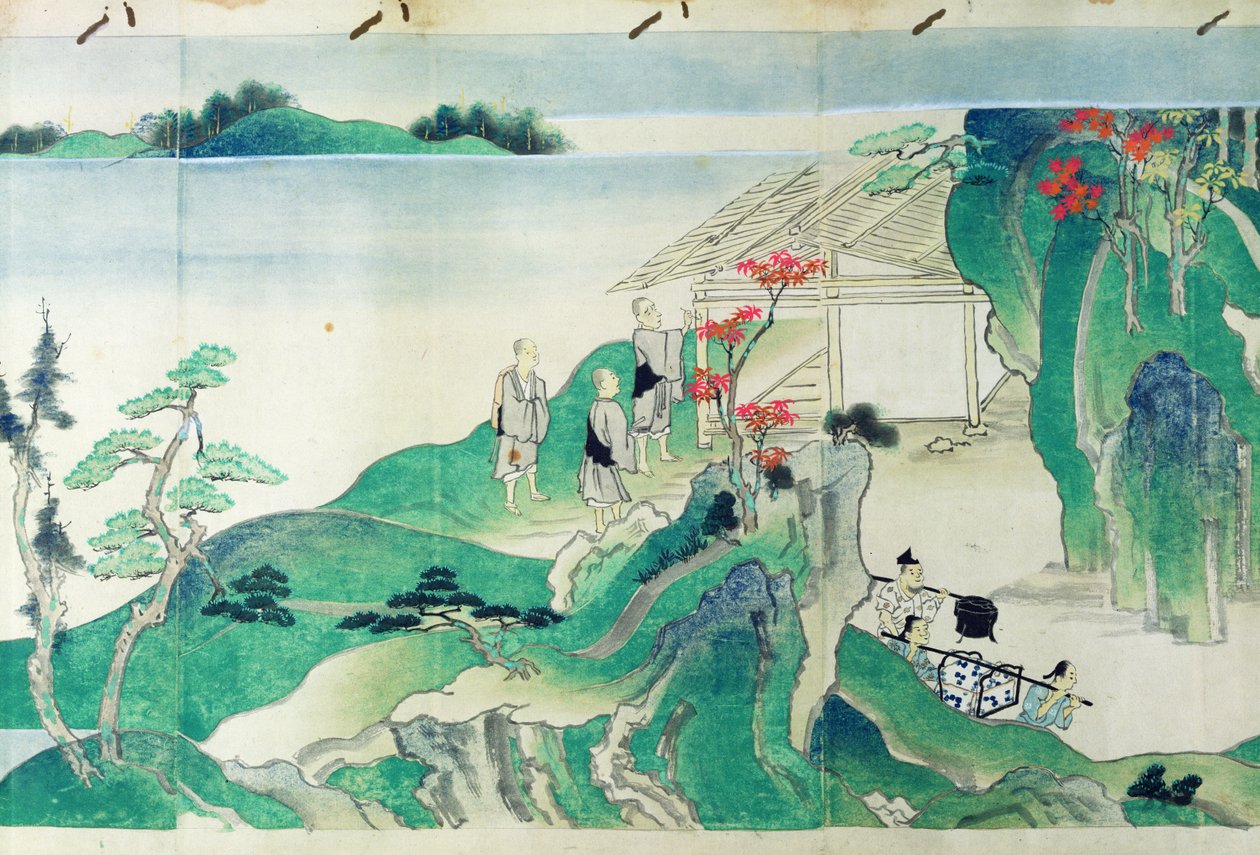 Tjenare, ur en illustrerad historia om munken Ippens liv (1239-89) (wc på papper) av Japanese School