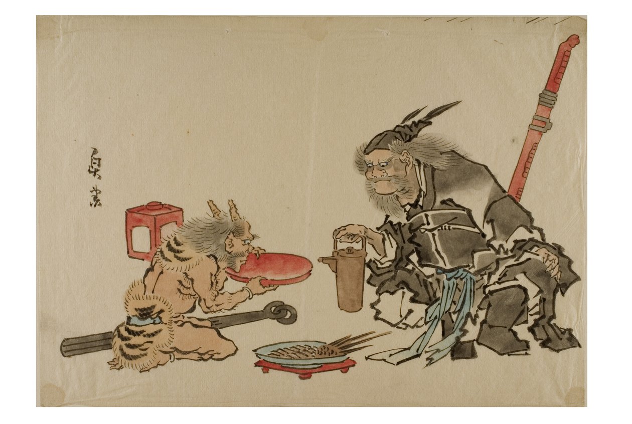Shoki serverar sake till en demon, ca 1895-1905 (bläck på papper) av Japanese School