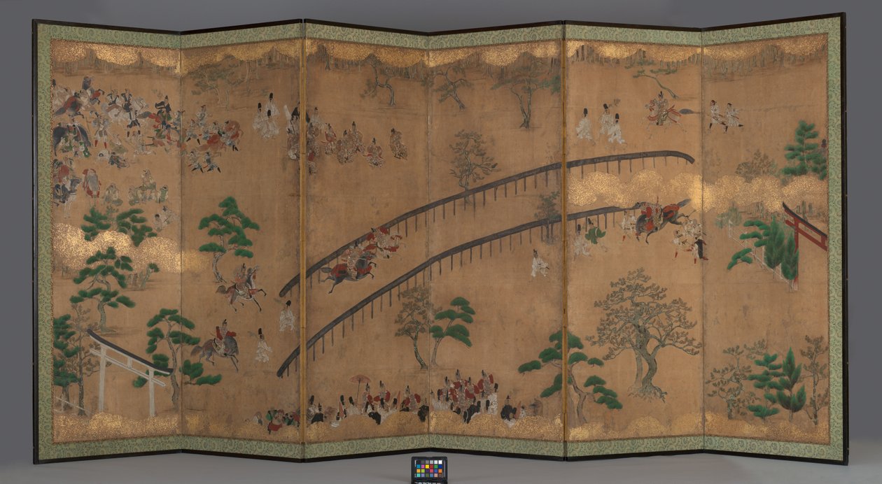 Sexpanelsskärm: Hästkapplöpning på Kamo Shrine, tidigt 1700-tal (bläck, guldpigment, färg och bladguld på papper) av Japanese School