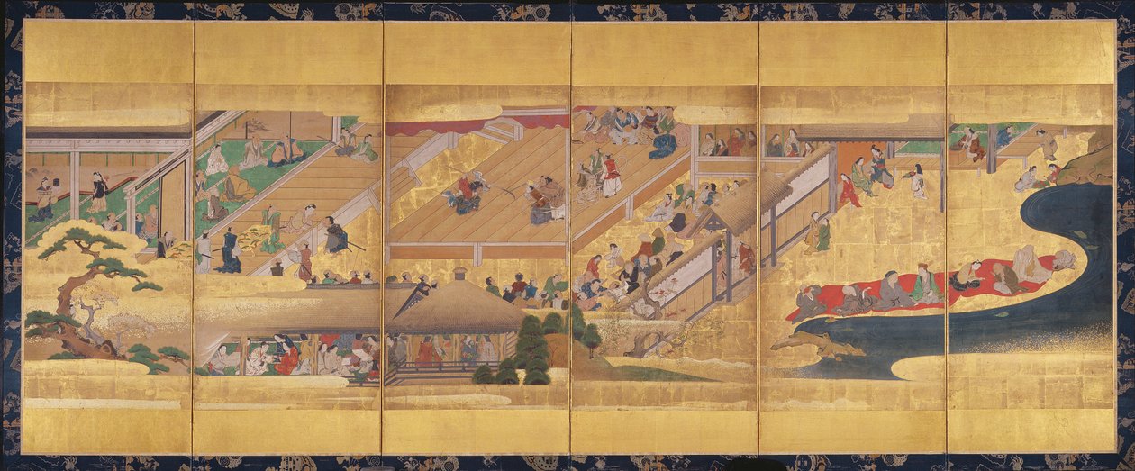 Sexfaldig skärm med Noh Play Funa-Benkei, c.1660 (färg, gofun & bläck & guld på papper) av Japanese School