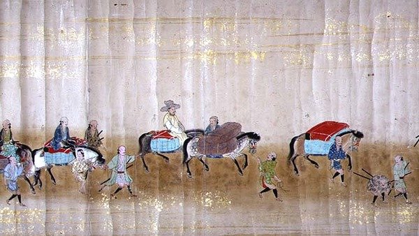 Sjätte koreanska ambassaden i Japan i Meireki 1 vid tiden för Tokugawa Ietsunas efterföljd 1651, möjligen av Kano Masunobu (1625-94) (rullmålning) (detalj) av Japanese School