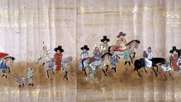 Sjätte koreanska ambassaden till Japan i Meireki 1 vid tiden för Tokugawa Ietsunas efterföljd 1651, möjligen av Kano Masunobu (1625-94) (rullmålning) (detalj) av Japanese School