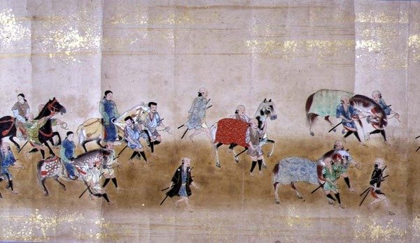 Sjätte koreanska ambassaden i Japan i Meireki 1 vid tiden för Tokugawa Ietsunas efterföljd 1651, möjligen av Kano Masunobu (1625-94) (rullmålning) (detalj) av Japanese School