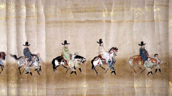 Sjätte koreanska ambassaden i Japan i Meireki 1 vid tiden för Tokugawa Ietsunas efterföljd 1651, möjligen av Kano Masunobu (1625-94) (rullmålning) (detalj) av Japanese School
