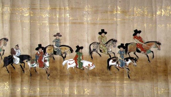 Sjätte koreanska ambassaden till Japan i Meireki 1 vid tiden för Tokugawa Ietsunas tronföljd 1651, möjligen av Kano Masunobu (1625-94) (rullmålning) (detalj) av Japanese School