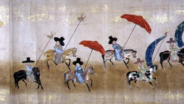 Sjätte koreanska ambassaden till Japan i Meireki 1 vid tiden för Tokugawa Ietsunas efterföljd 1651, möjligen av Kano Masunobu (1625-94) (rullmålning) (detalj) av Japanese School