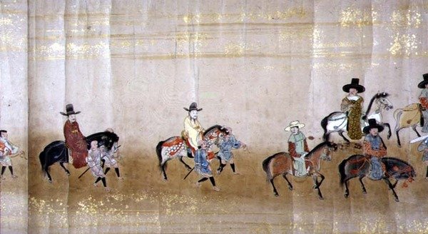 Sjätte koreanska ambassaden till Japan i Meireki 1 vid tiden för Tokugawa Ietsunas efterföljd 1651, möjligen av Kano Masunobu (1625-94) (rullmålning) (detalj) av Japanese School