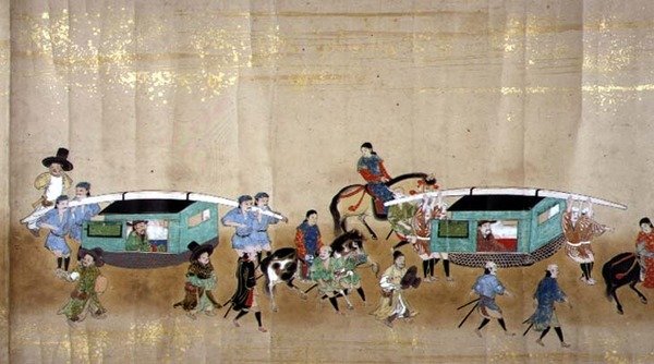 Sjätte koreanska ambassaden till Japan i Meireki 1 vid tiden för Tokugawa Ietsunas efterföljd 1651, möjligen av Kano Masunobu (1625-94) (rullmålning) (detalj) (se även 79781) av Japanese School