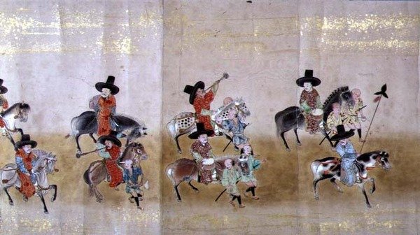 Sjätte koreanska ambassaden till Japan i Meireki 1 vid tiden för Tokugawa Ietsunas efterföljd 1651, möjligen av Kano Masunobu (1625-94) (rullmålning) (detalj) av Japanese School