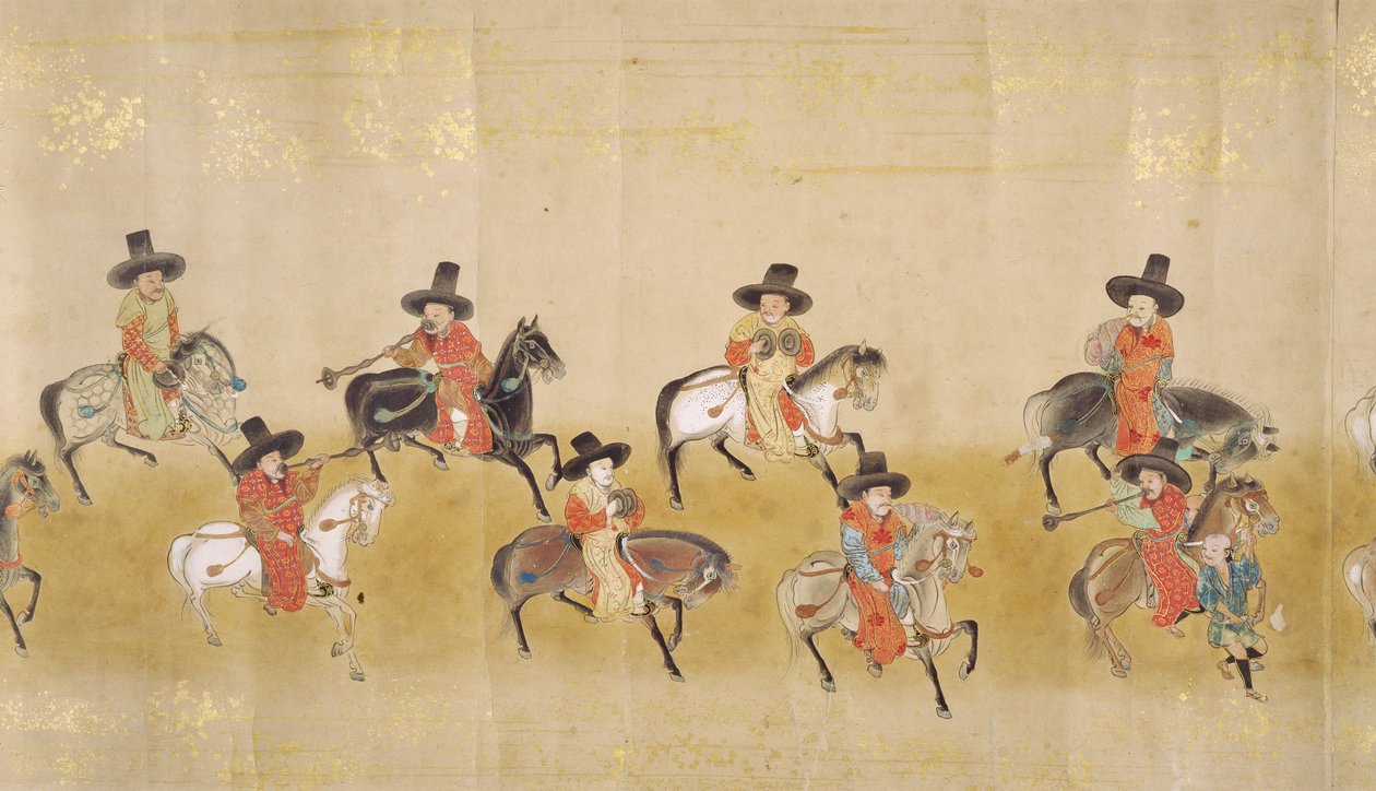 Sjätte koreanska ambassaden till Japan i Meireki 1 vid tiden för Tokugawa Ietsuna succession 1651, möjligen av Kano Masanobu (1625-94) (rullmålning) (detalj) av Japanese School