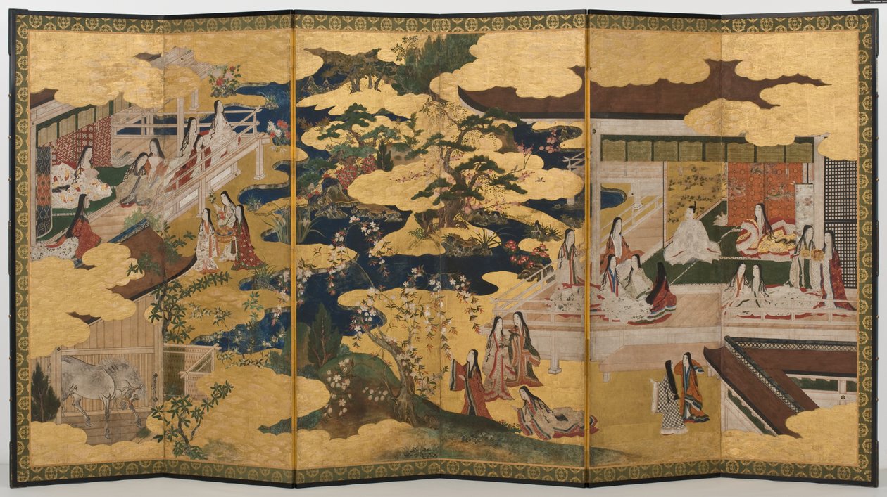 Spring in the Palace, sexfaldig skärm från The Tale of Genji, ca 1650 (bläck, färger och guld på papper) av Japanese School