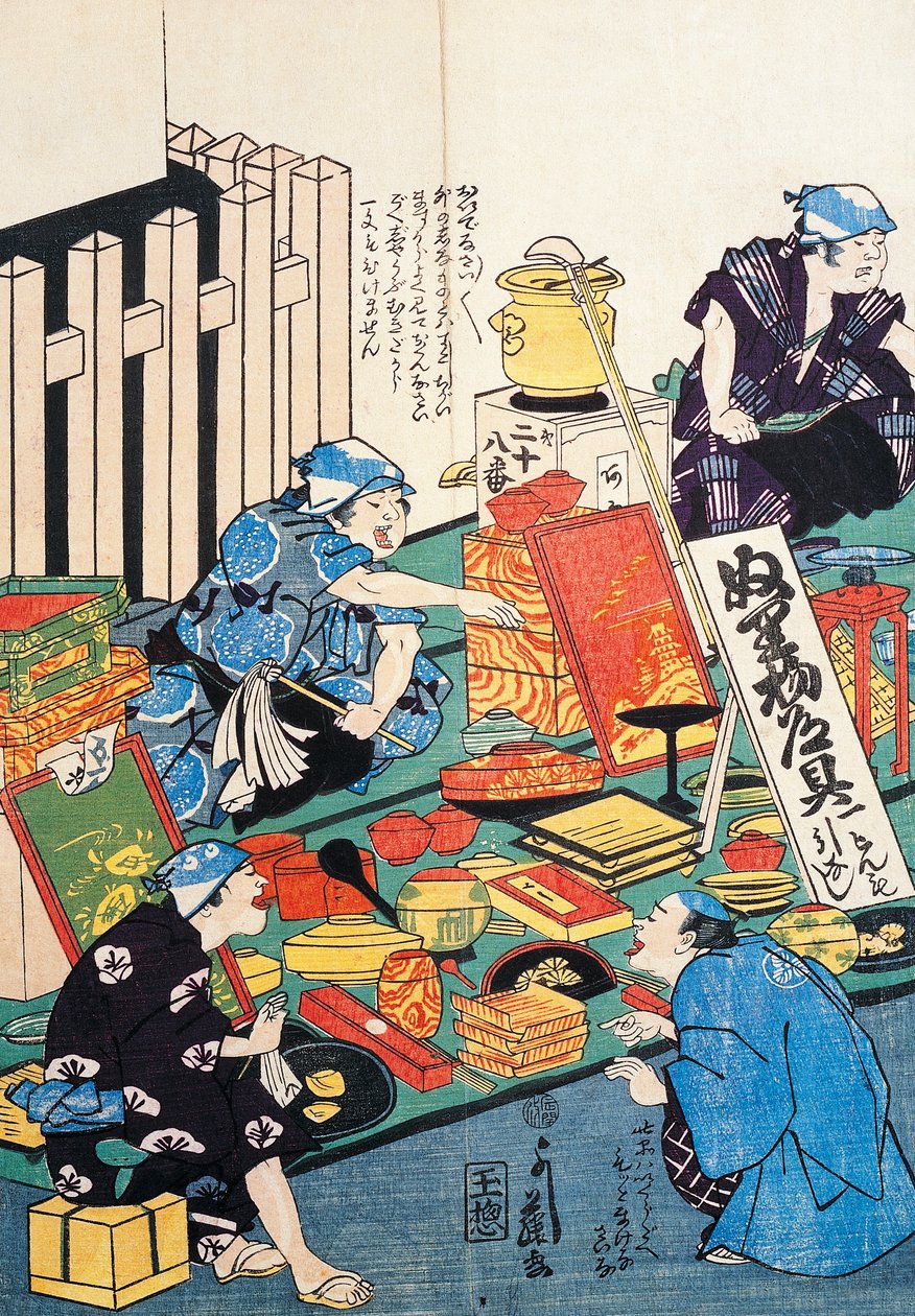 Stativ med lådor, fläktar, böcker och kakemonos av Japanese School