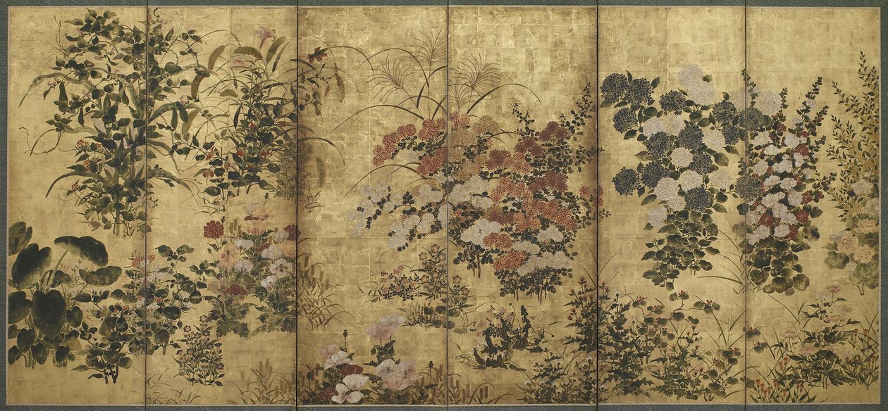 Sommar- och höstblommor, Edo-period, 1615-68 (färg över guldpapper) av Japanese School