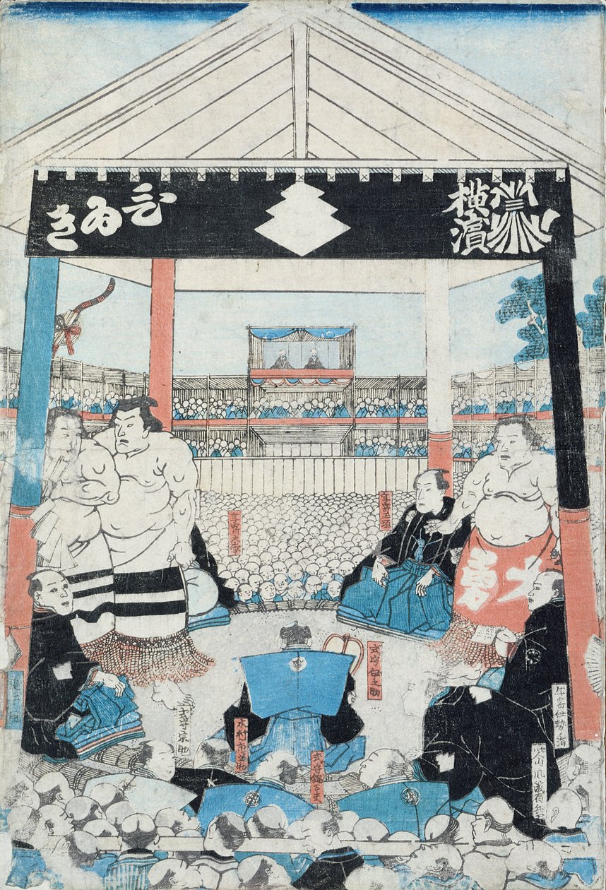 Sumobrottare på väg att börja en match (träblocktryck) av Japanese School