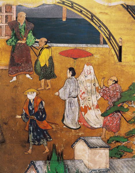 Portugisernas ankomst till Japan, detalj av en gatubild, från en Namban Byobu-skärm, 1594-1618 av Japanese School