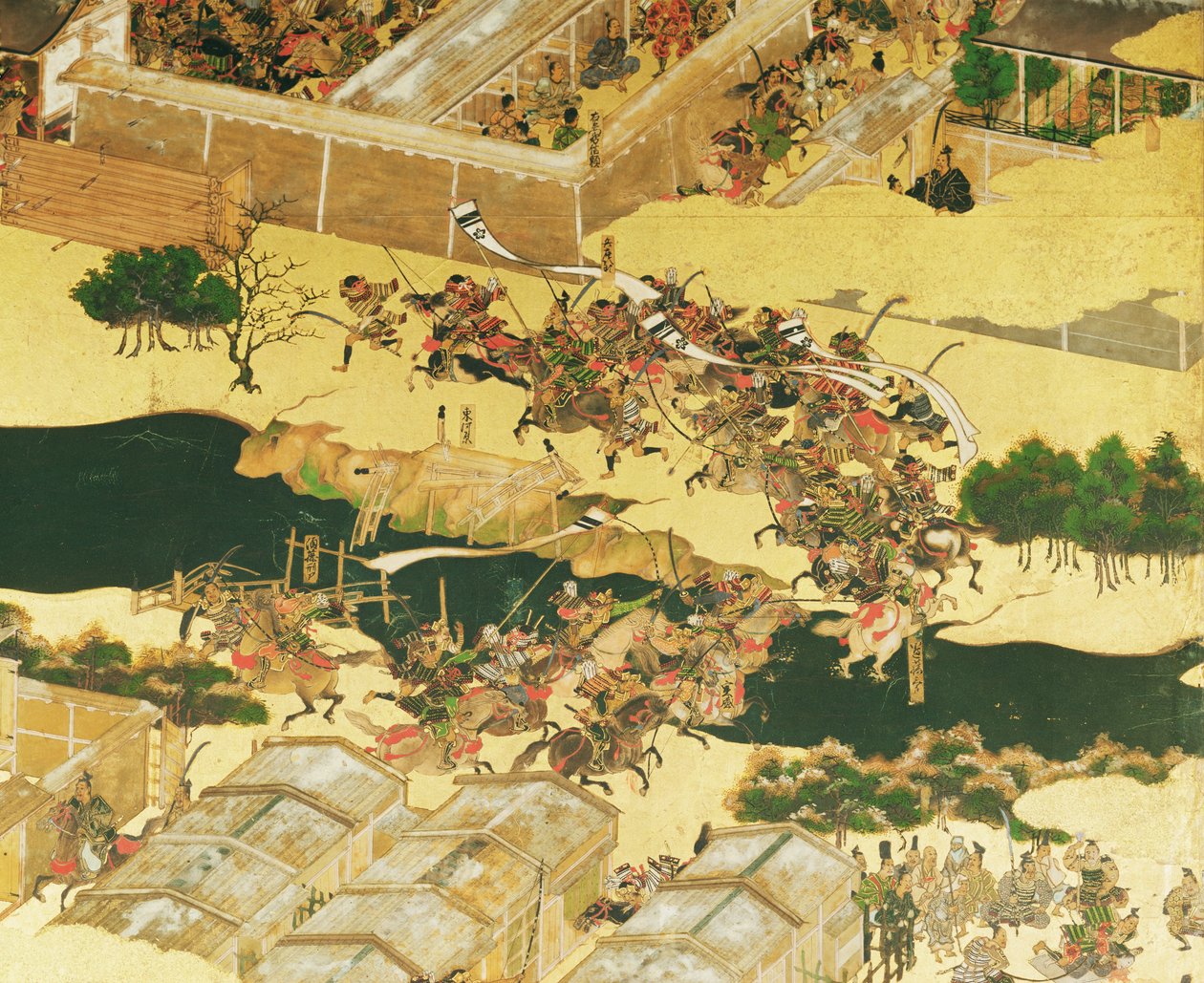 Slaget vid Hogen från en skärm, Momayama-perioden (1568-1600) (penna och bläck, färg och guld på panel) (detalj) av Japanese School