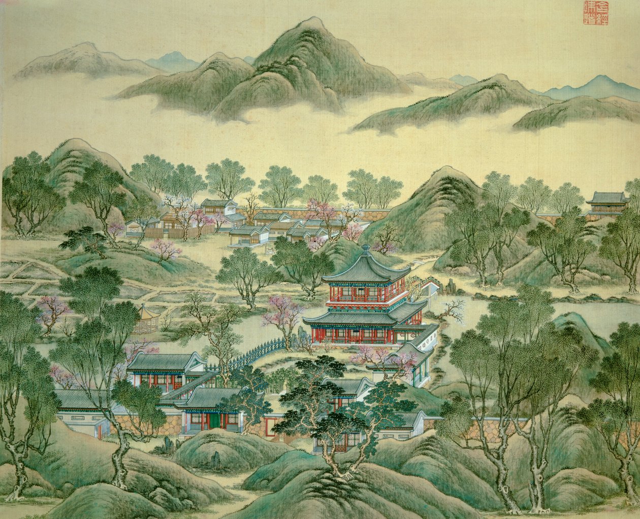 Detaljpaviljongen av ett japanskt tryck från 1800-talet. av Japanese School