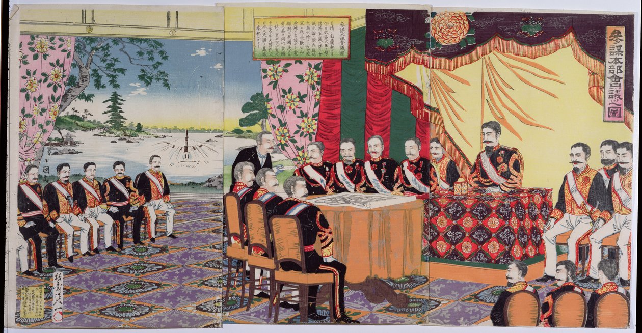 Kejsaren Mutsuhito (1852-1912) håller ett krigsråd, en episod från det kinesisk-japanska kriget, sent 1800-tal (träblock i färg) (se även 176842) av Japanese School