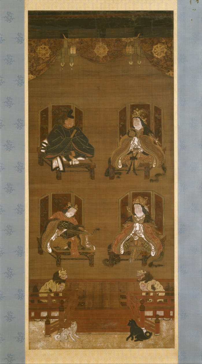 The Four Deities of K?yasan Temple Complex, sent 1300-tal, Nanbokuch? period (1336–92), hängande rulle (bläck, färg och guld på siden) av Japanese School