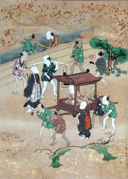 Munken Shogaku (1126-1235) Reser i en Koshi (akvarell på papper) av Japanese School