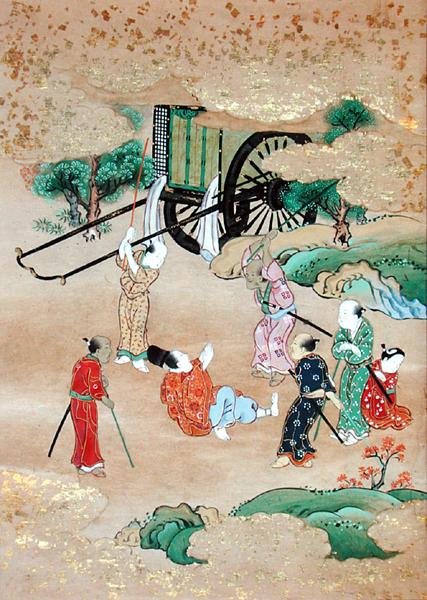 Munken Shogaku (1126-1235) attackeras av brigander (akvarell på papper) av Japanese School