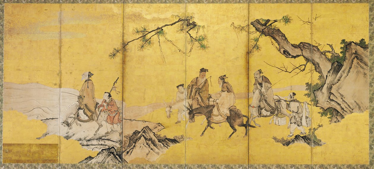 De sju vise från bambulunden, Kan? skola (bläck, färg, guld & bladguld på papper) av Japanese School