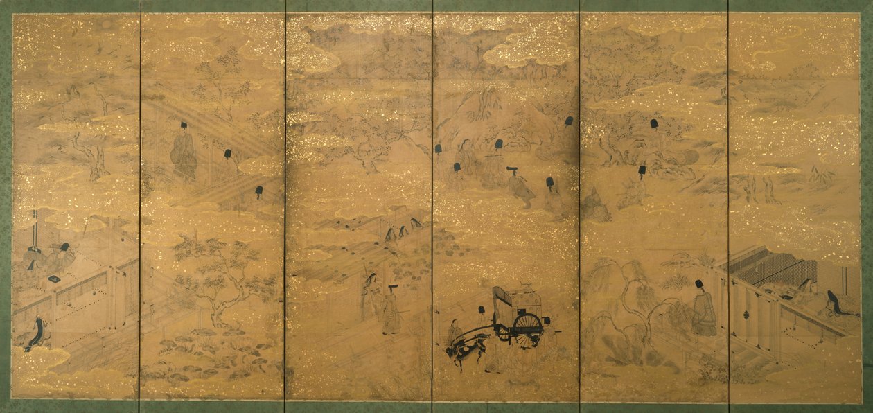 The Tale of Genji, sent 1600-tidigt 1700-tal (bläck med pigment och bladguld på glimmerpapper) (par av 171423) av Japanese School