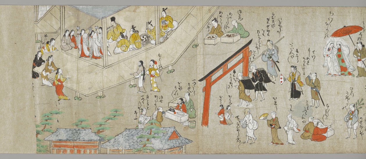 The Tenjin Shrine Scrolls (en i ett par) (detalj), Tosa School, 1600-talet (bläck, färg & gofun på papper) (se även 5846316) av Japanese School