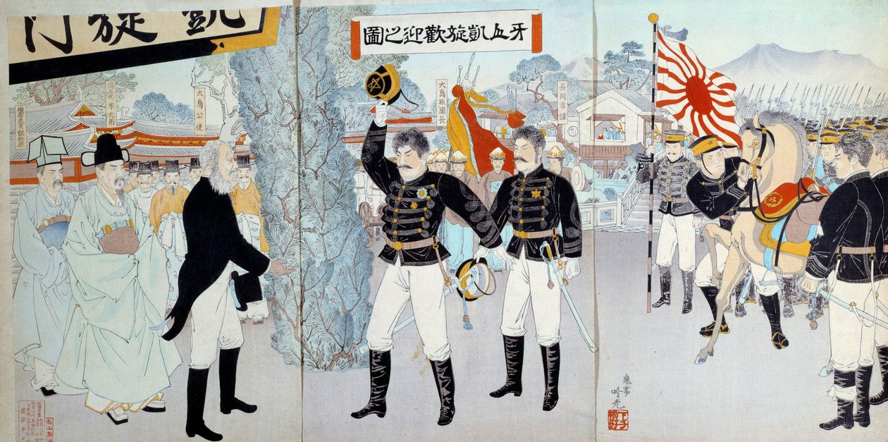 Uppkomsten av det japanska imperiet: representation av det tidigare japanska samhället till vänster baserat på ett födosystem och det nya till höger, vände sig mot utvecklingen av de militära styrkor som skulle leda Japan till krig mot Kina och Ryssland. av Japanese School