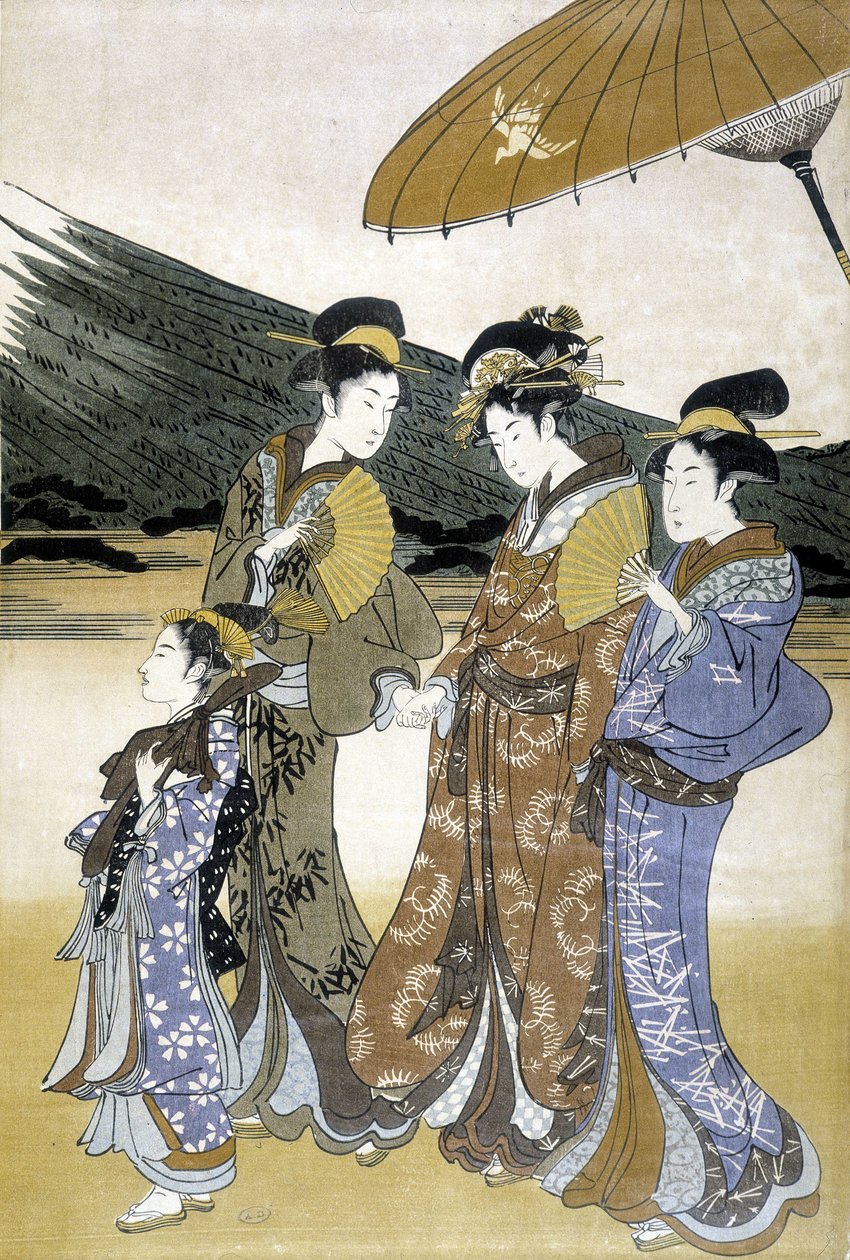 Tre kvinnor och barn, japanskt tryck av Japanese School