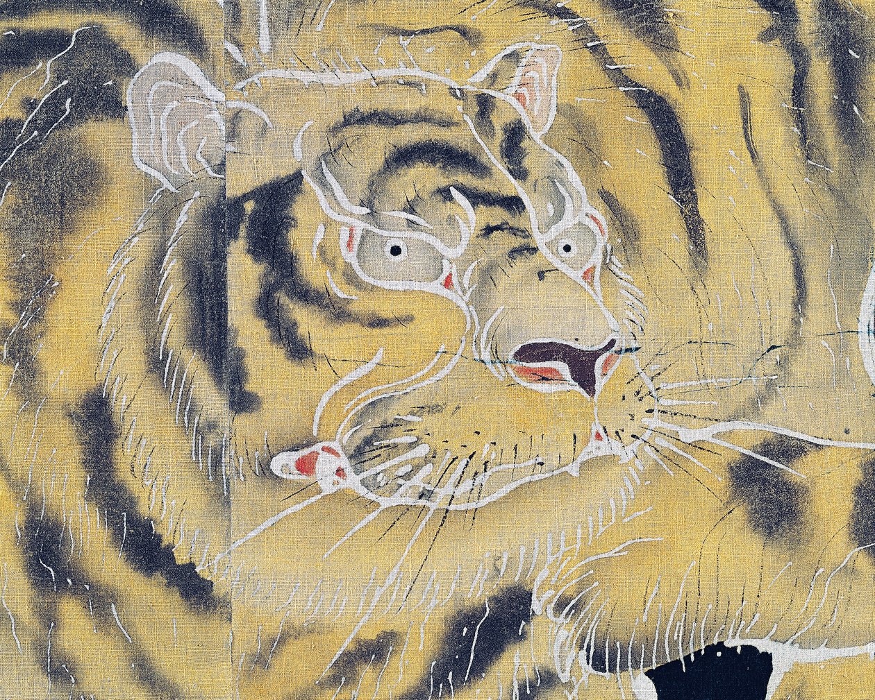 Tigerns nosparti, detalj från bomullsduk, vikning av två paneler (byobu), reservfärgning med risstärkelse och indigofärgning med pigment, japansk civilisation, Meiji-Taisho-perioden av Japanese School