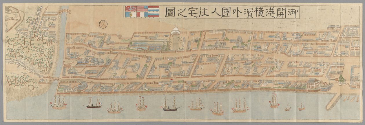 Topografisk vy av den utländska bosättningen i Yokohama efter öppnandet av fördragshamnarna 1859, som visar enskilda tomter ockuperade av namngivna brittiska, amerikanska holländska och portugisiska företag och hushåll. Odaterat men mellan 1861 då kateden av Japanese School