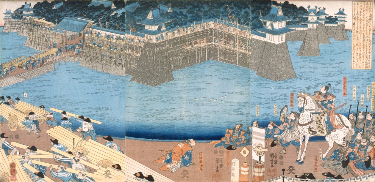 Triptyk som visar ett fort som byggs vid floden Kunigos, Edo-perioden 1603-1868. av Japanese School