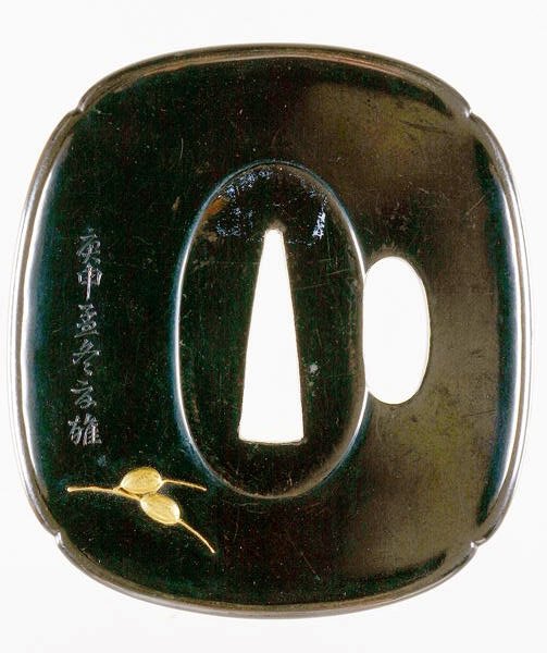 Tsuba, japanskt svärdsskydd (shakudo koppar och guldlegering) (för frontvy se 210153) av Japanese School