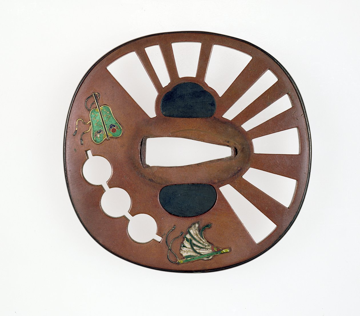 Tsuba dekorerad med fläktar (koppar med emalj) av Japanese School