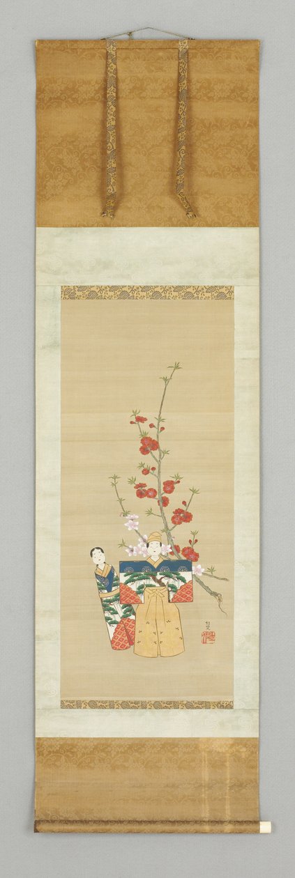 Två japanska dockor och en blomning Gren, sent 1700-tal (färg på siden) av Japanese School