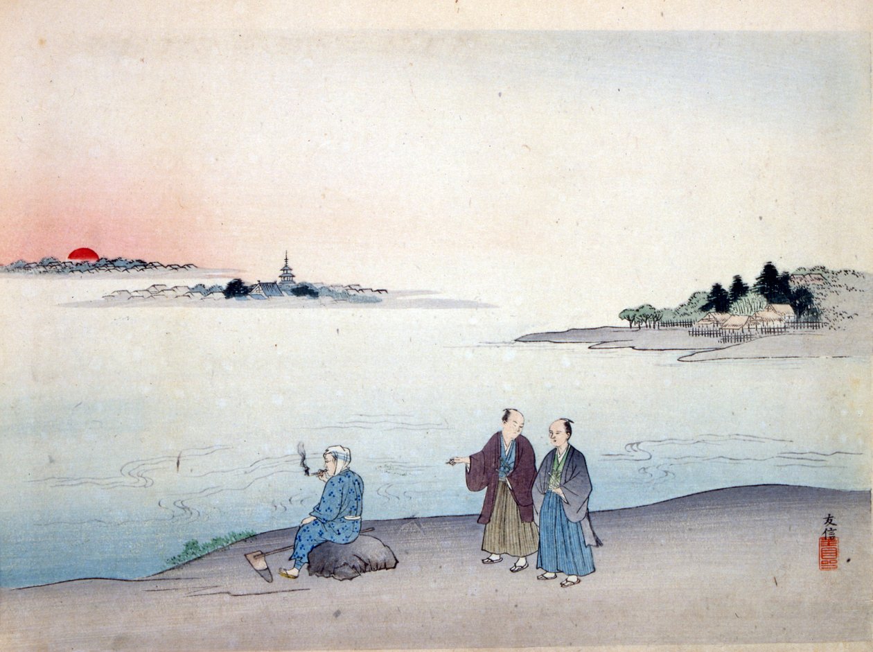 Två män som går vid en sjö, ca. 1870 av Japanese School