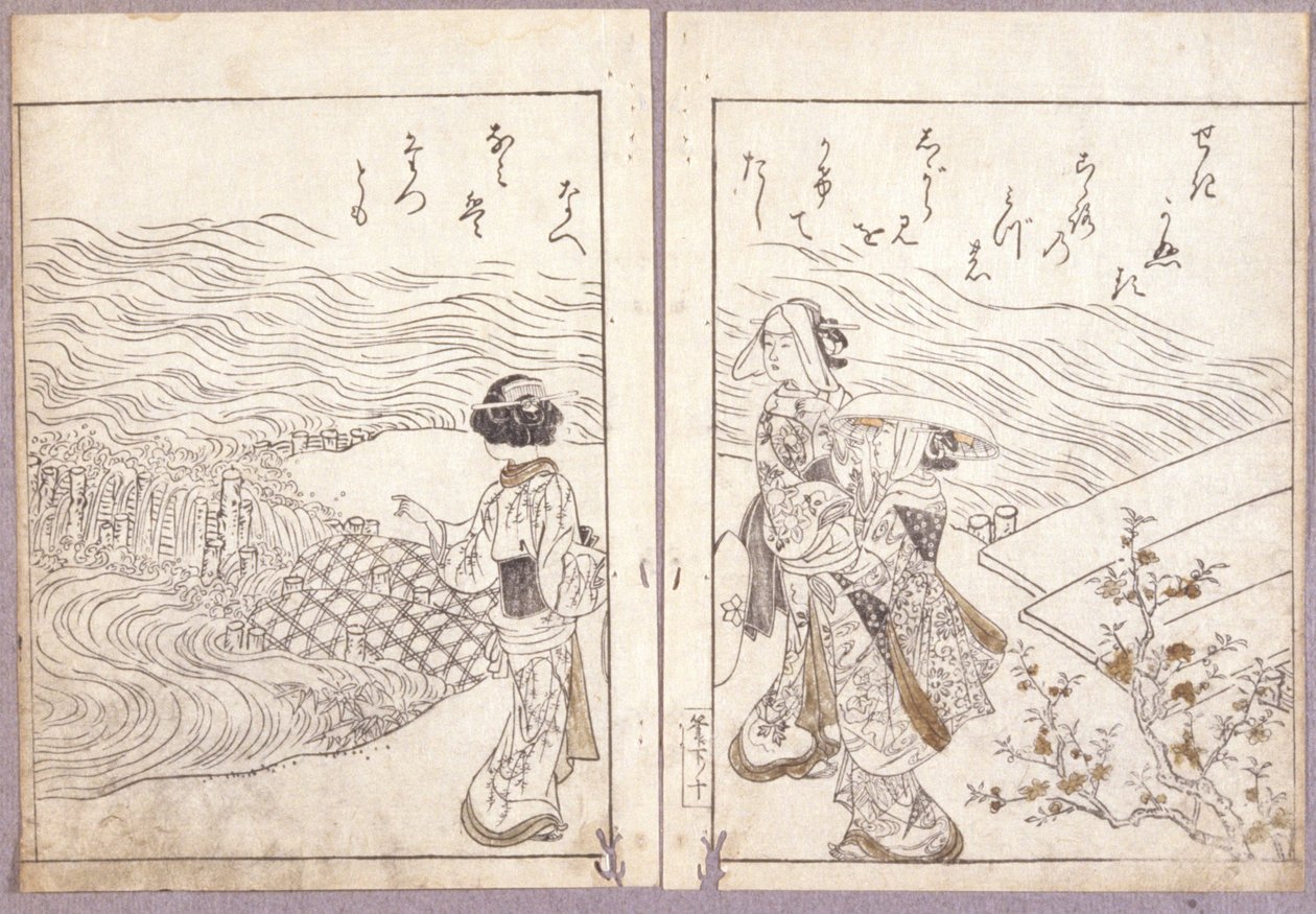 Untitled (A Hojo Party From Azuma Genji Pilgrimage Crowd Viewing The Buddha Image) (träsnitt i färg) av Japanese School