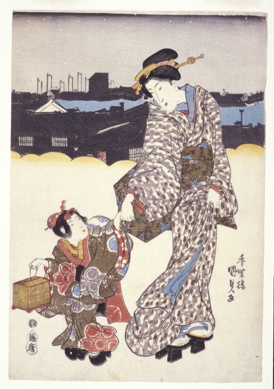 Untitled (A Woman And Child) (träsnitt i färg) av Japanese School