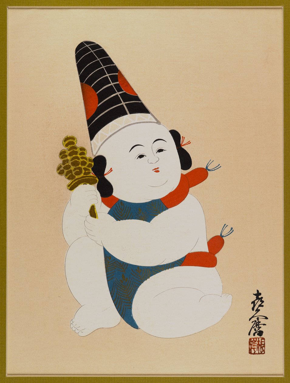 Utan titel (Sittande pojke, bär hatt och håller en leksak) (träblock i färg) av Japanese School