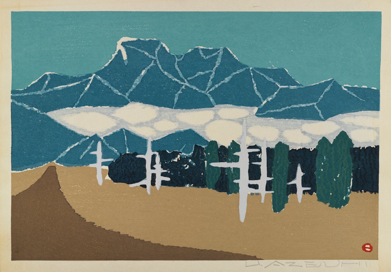 Utan titel (Snow Mountain Landscape), tillskriven U. Azeuhi (träblock i färg) av Japanese School