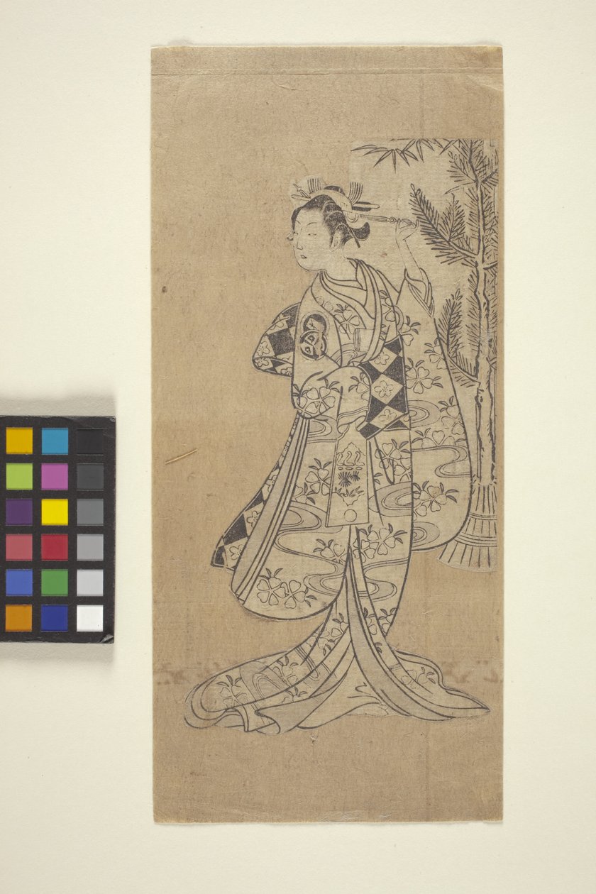 Untitled (Kvinna som står framför träd) (träblock i färg) av Japanese School