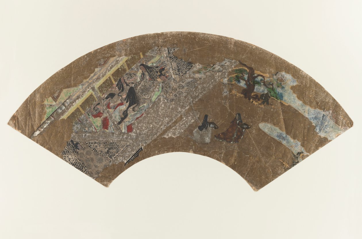 Untitled - Solfjäderformad målning av damer som sitter i en paviljong och spelar ett spel, 1603-1868 av Japanese School