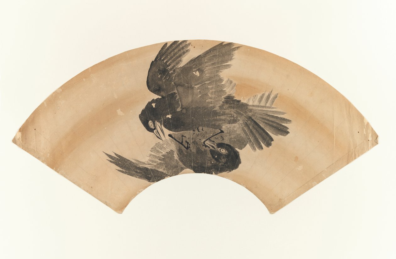 Utan titel - solfjäderformad teckning av två fåglar, 1603-1868 (bläck på papper) av Japanese School