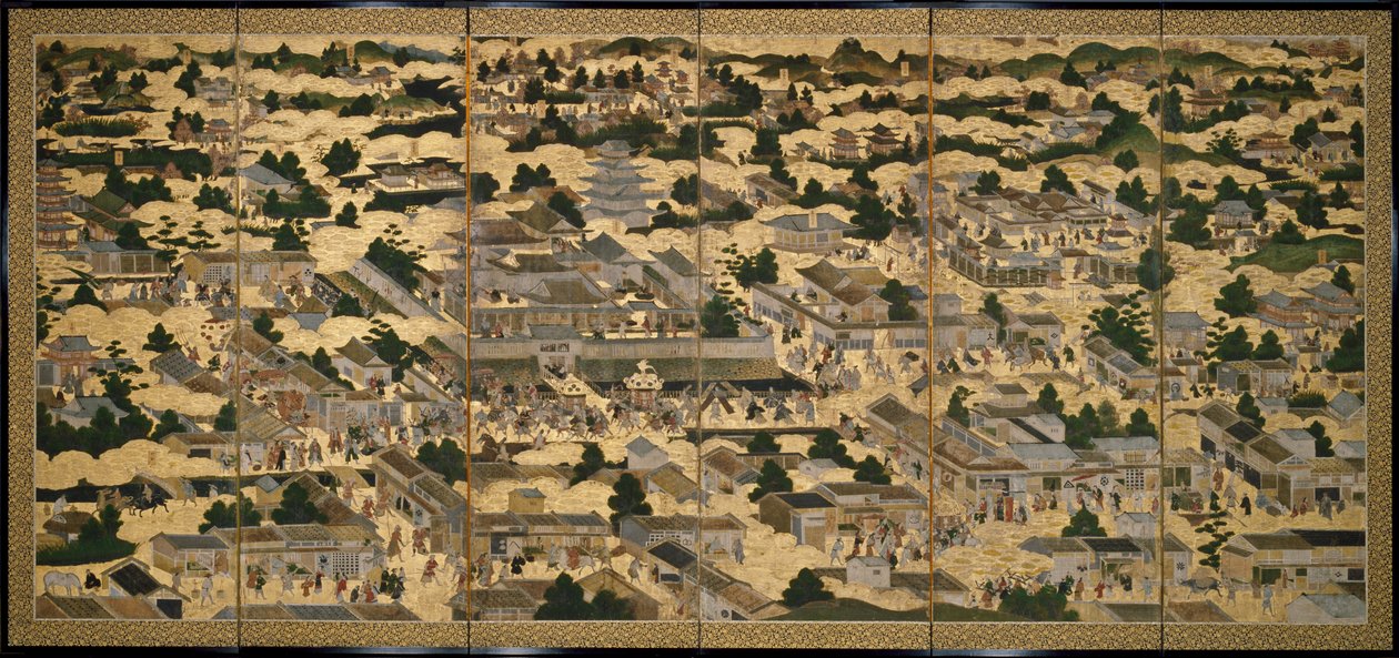 Vyer i och omkring Kyoto (Rakuchu rakugai zu), ca 1616-24 (bläck, färg och bladguld på papper) av Japanese School