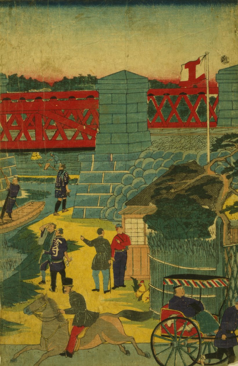 Byscen i Japan som visar människor som är engagerade i olika aktiviteter, ca 1870 av Japanese School