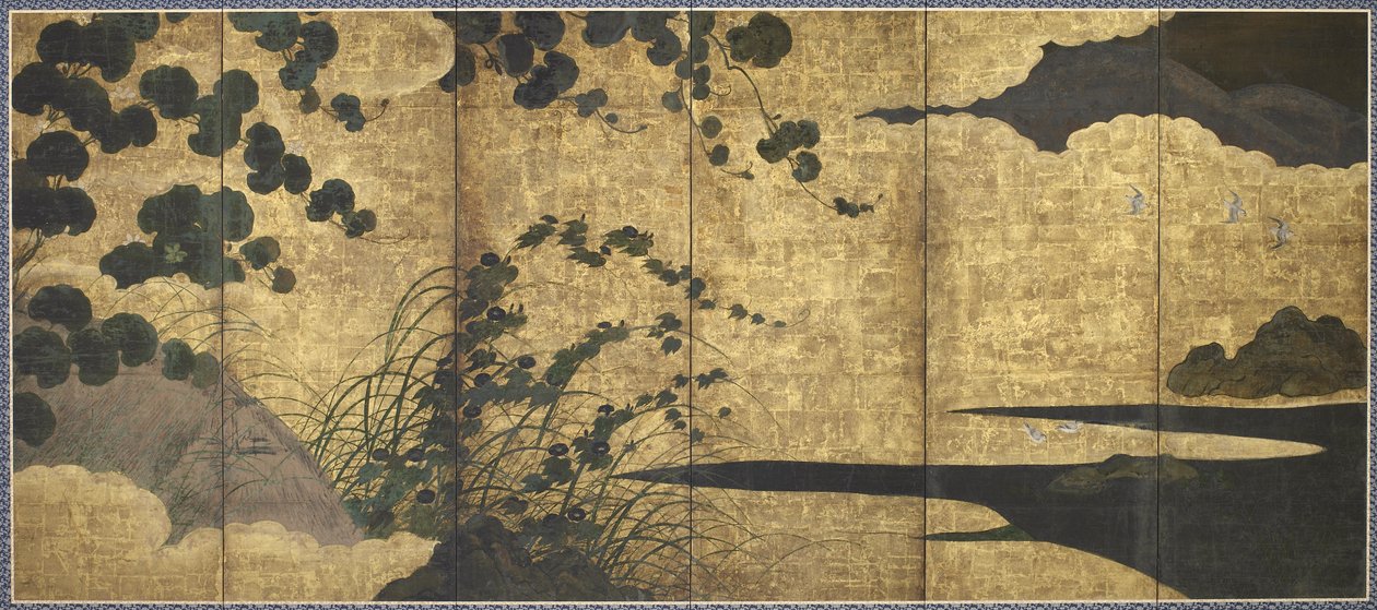 Vinrankor, hydda, gräs och strandfåglar, Momoyama-perioden, 1568-1615 (guld, bläck och färg på papper) av Japanese School