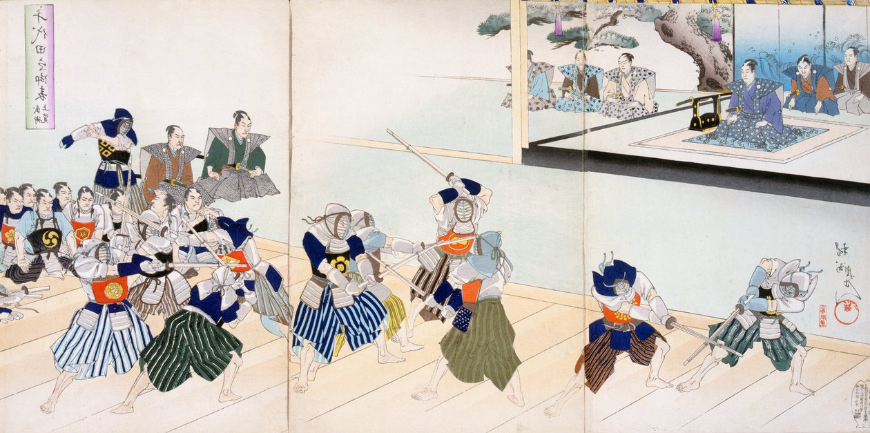 Warlord tittar på samurajer som övar på sitt svärdspel (träblock i färg) av Japanese School