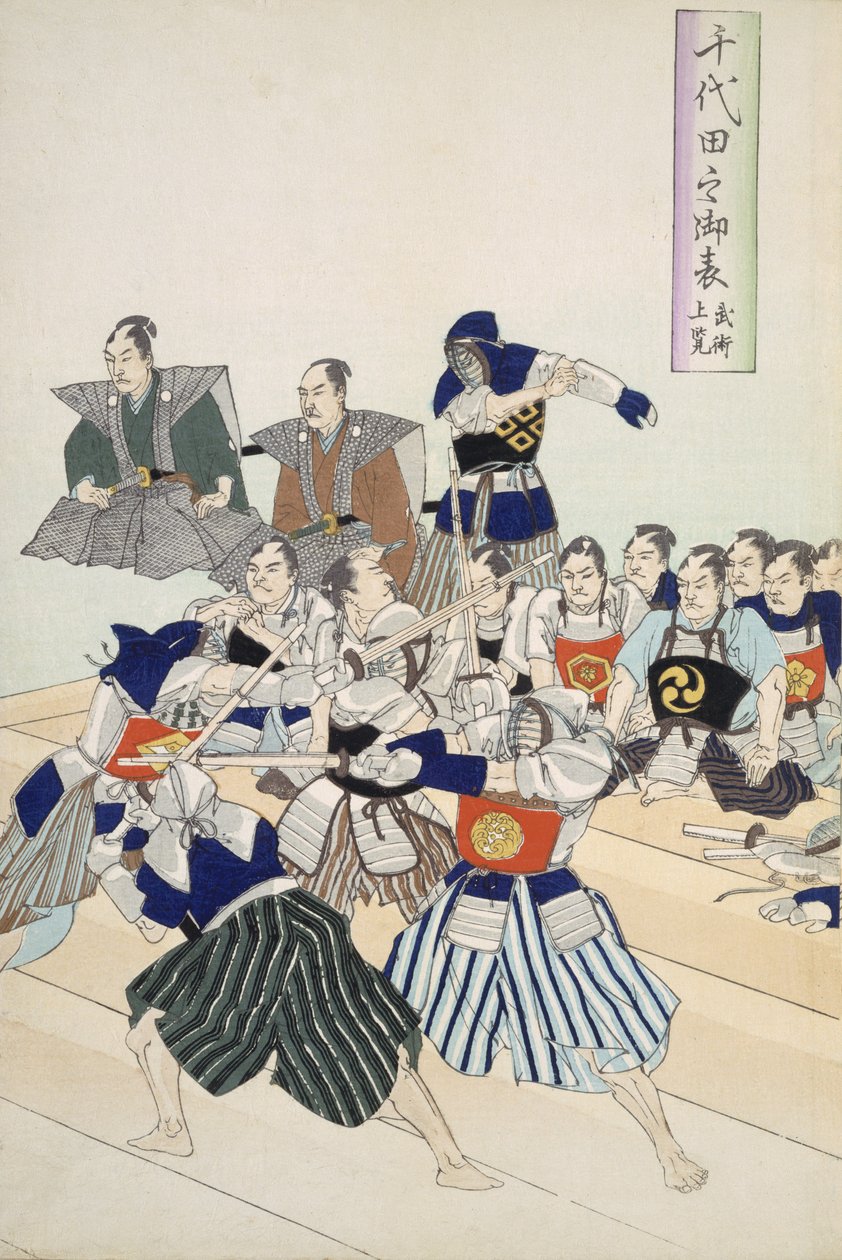 Warlord tittar på samurajer som övar på sitt svärdspel, detaljer som visar lärare och elever tittar på, från ett 1800-talsalbum med träsnitt, färgträblock av Japanese School