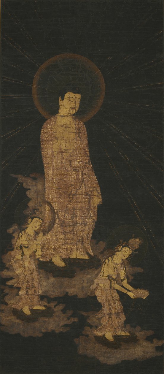 Välkomnande nedstigning av Amida Buddha-triaden (guld och färg på indigofärgat siden) av Japanese School